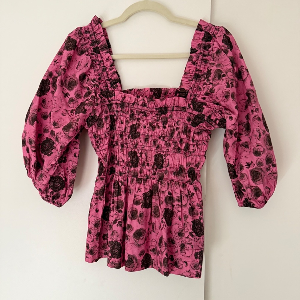 GANNI Pink and Black Floral Smocked Cotton Top - Sz 38 US 6 - Picture 10 of 12
